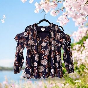 Style & Co. Navy Floral Print Cold Shoulder Top